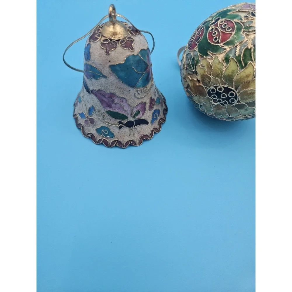 Vintage Cloisonné Enamel Christmas Ornaments, Floral and Butterfly Motif.
